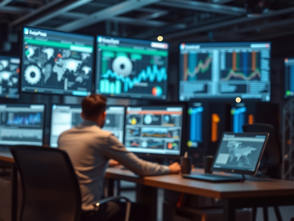Illustration of finance team analyzing predictive analytics data for AI-driven financial modeling.
