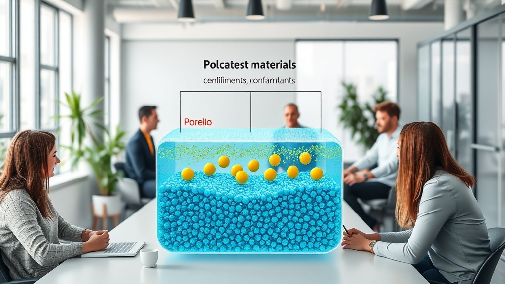 Diagram illustrating Porelio's advanced material capturing specific contaminants from industrial wastewater