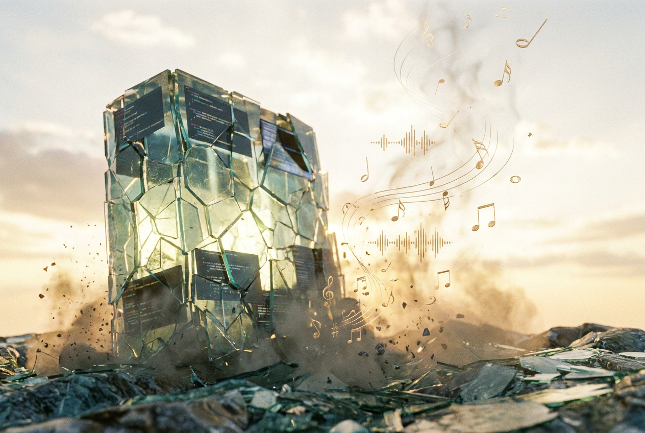 alt text: A crumbling digital tower made of video frames and code, with musical notes floating upward from the ruins