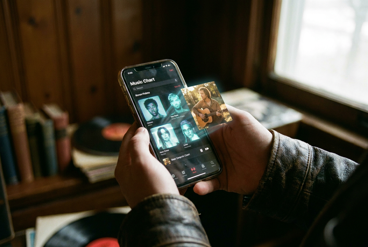 alt text: A phone screen showing a music chart with glitchy holographic artist profiles, some clearly AI-generated