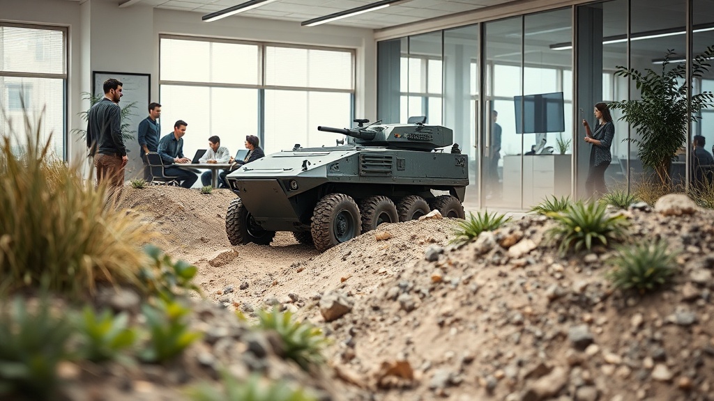 An unmanned ground vehicle navigating challenging terrain in a simulated combat exercise