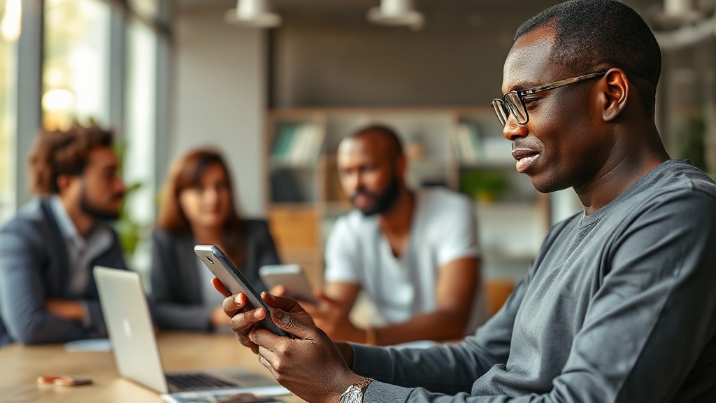 Nigerian merchant interacting with a digital device, symbolizing online business growth.