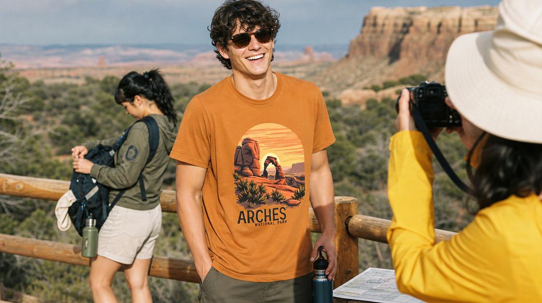 Hiker wearing a light colored shirt in the sun to stay cool
