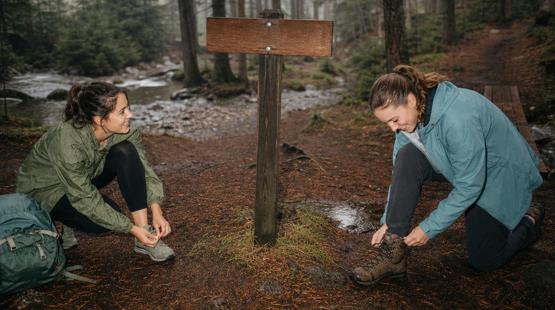 Hiking shoes walking through wet grass and muddy trail