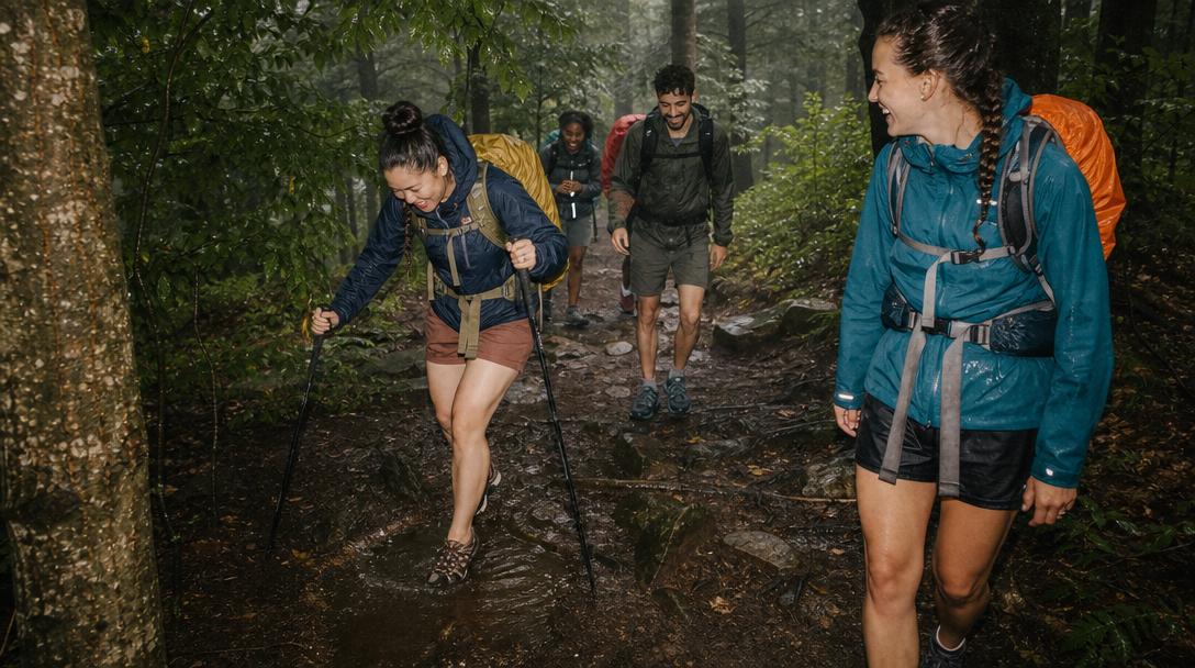 Comparison of water resistant hiking shoes and waterproof hiking boots on rocky trail