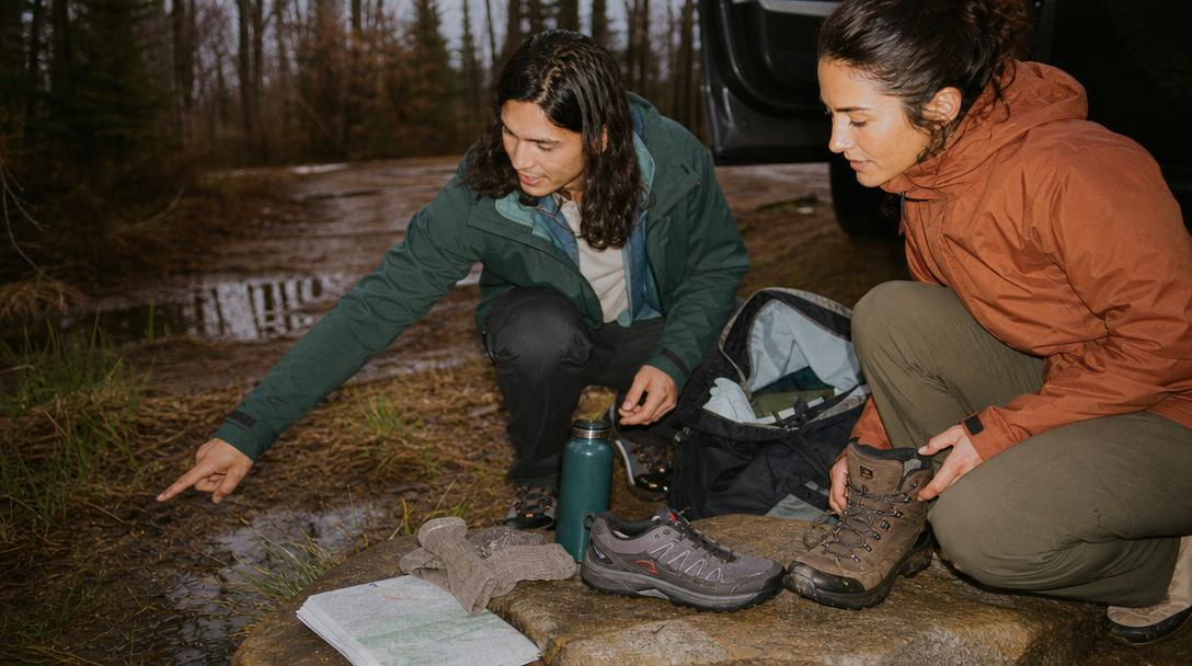 Hiker wearing water resistant shoes in rainy forest trail