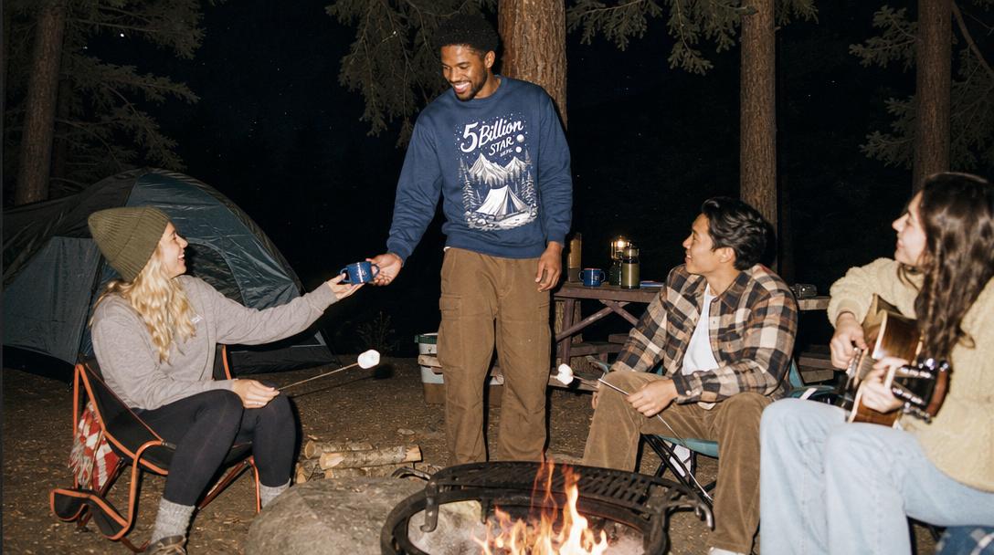 Camping casual graphic tees laid out on a picnic table by a campfire