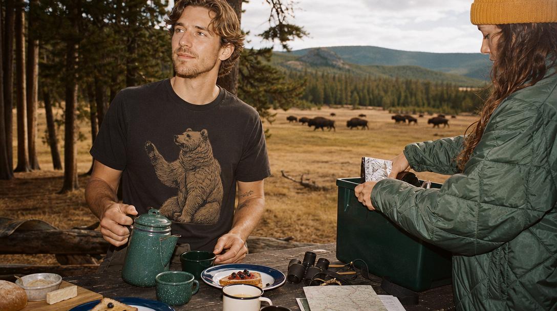 Campground landscape in Yellowstone National Park with pine trees and mountainous backdrop