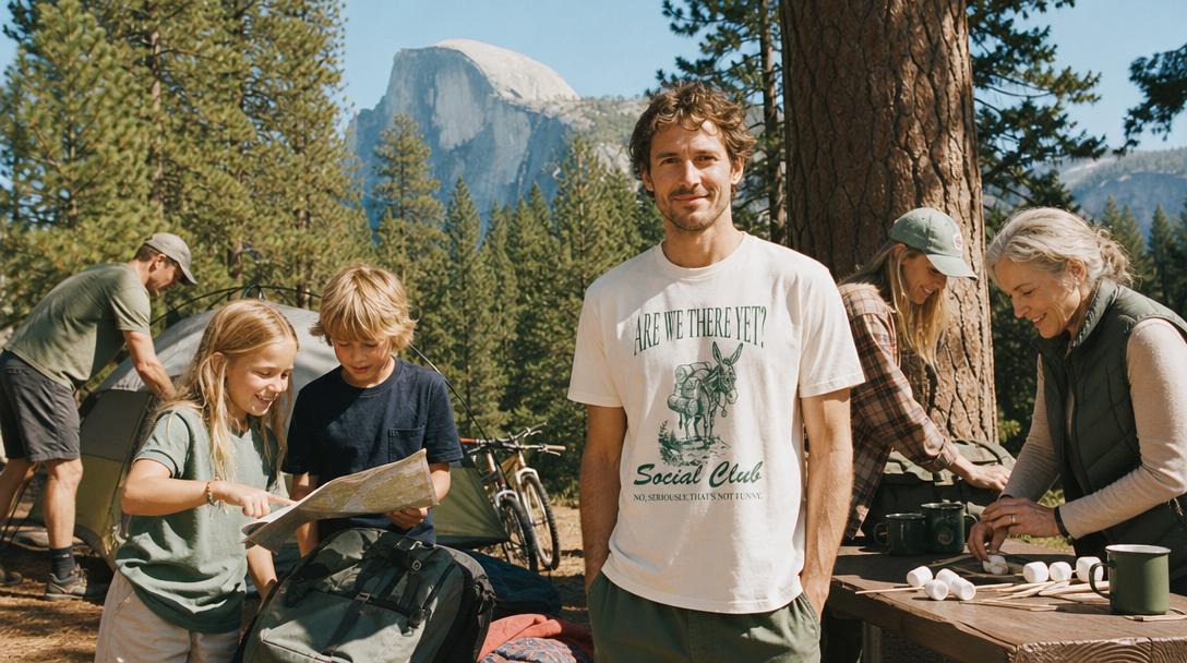 Family camping at Upper Pines Campground in Yosemite surrounded by tall pines
