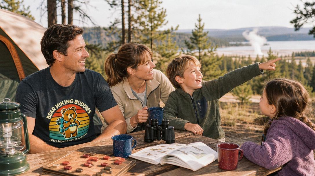 Family camping near geysers in Yellowstone