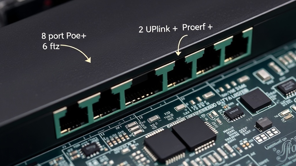 Diagram illustrating the 8 PoE+ ports and 2 uplink ports on the Ugreen switch