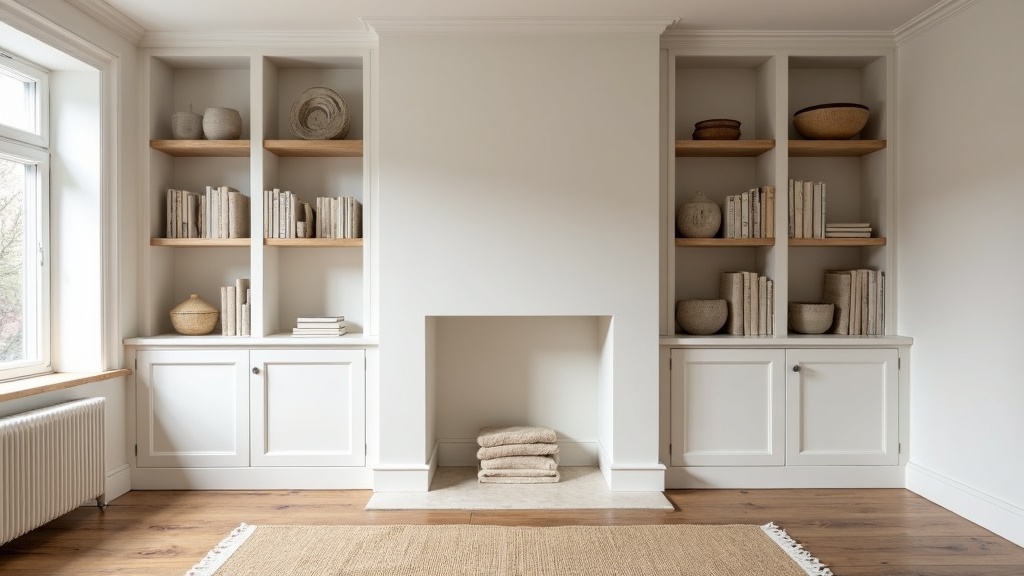 Built-in alcove shelving flanking a chimney breast in a calm Scandinavian interior