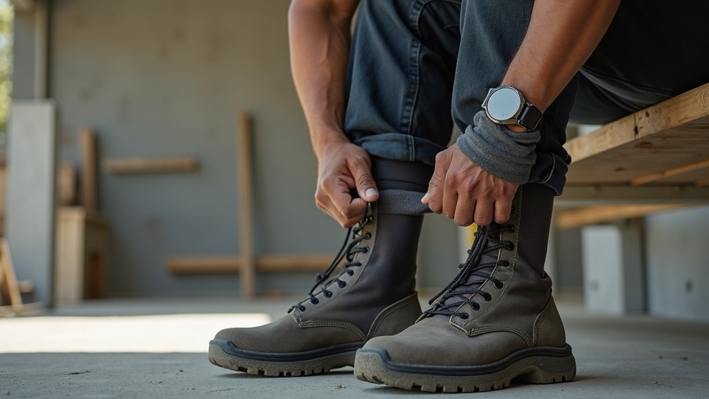 Trabajador poniendo calcetines para diabéticos antes de calzar sus botas de trabajo