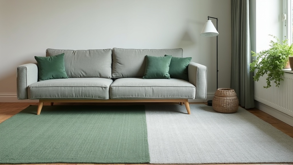 Sage green rug vs matching gray rug under a gray sofa comparison
