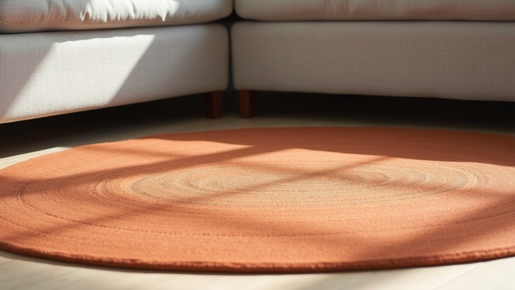 Terracotta rug in front of a cool gray sofa showing warm contrast