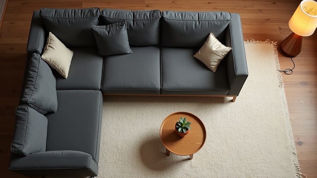 Cream wool rug and warm accessories anchoring a charcoal gray sectional sofa