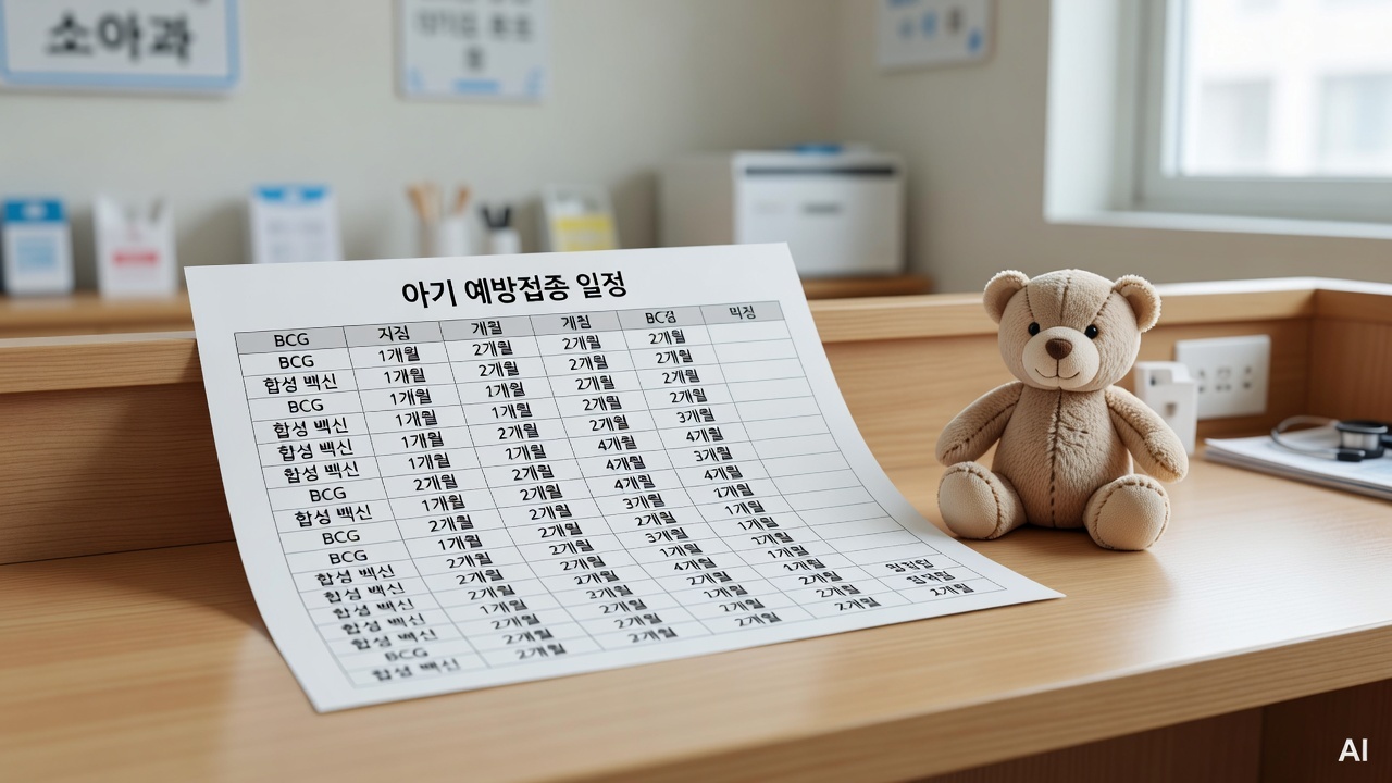 baby vaccination schedule chart printed on paper, placed on a clinic desk with a small plush toy nearby