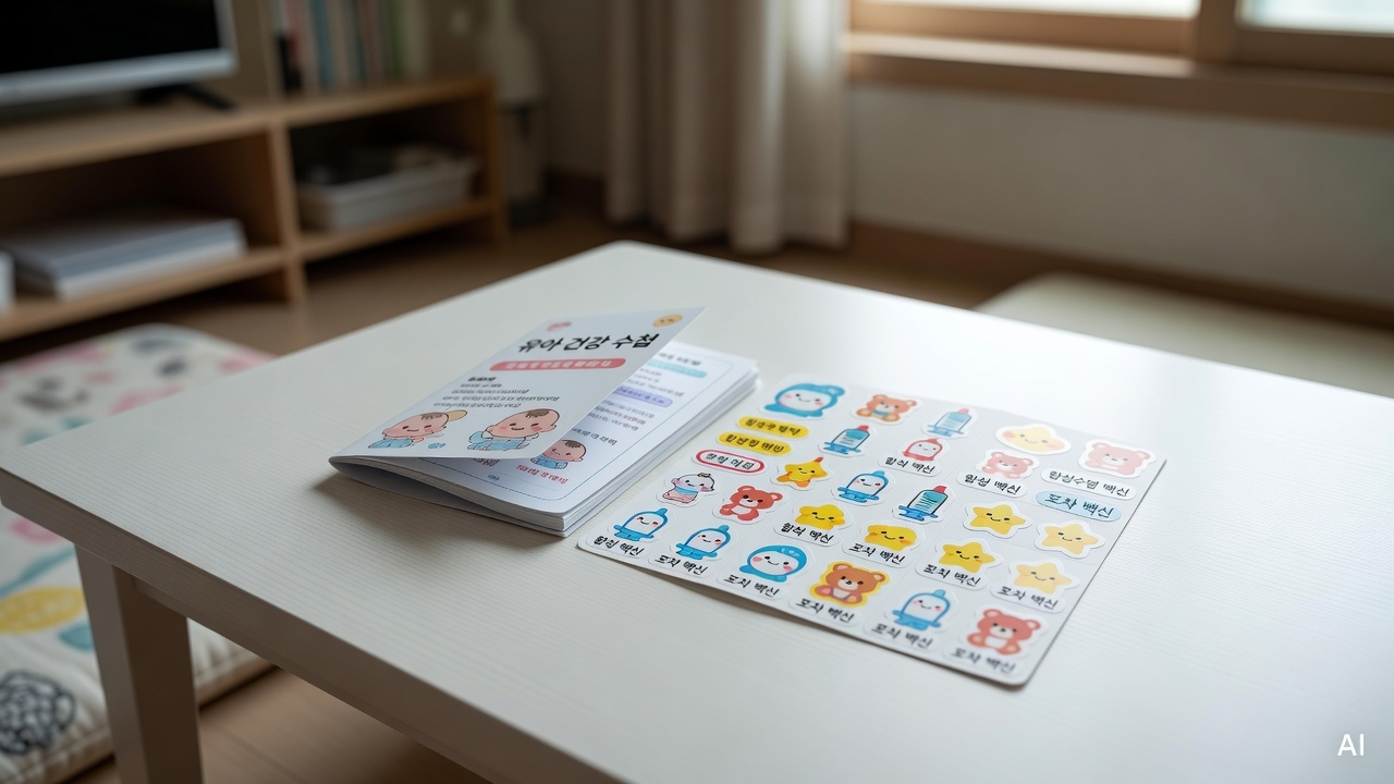 small baby health booklet and vaccine sticker cards on a white table