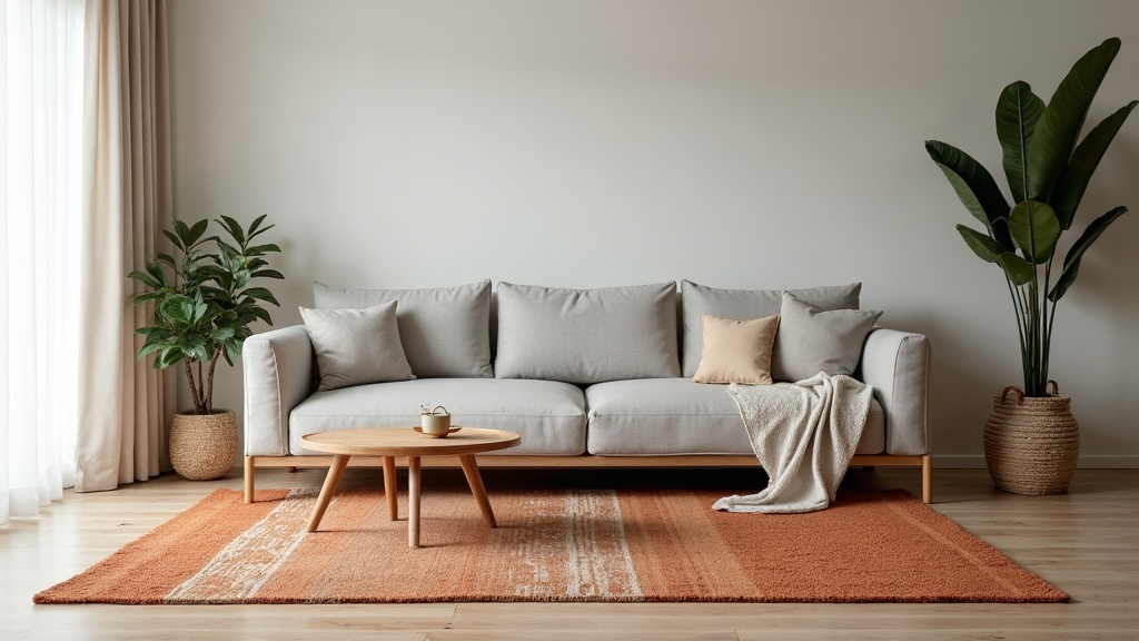 Best area rug colors for gray furniture in a calm Scandinavian living room