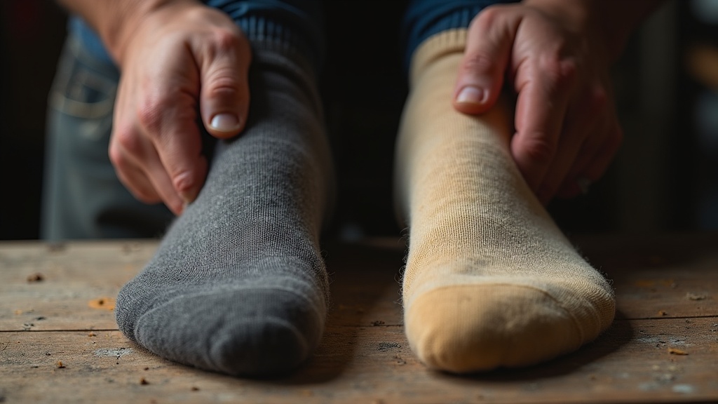 Worn work sock compared to new replacement showing warranty value
