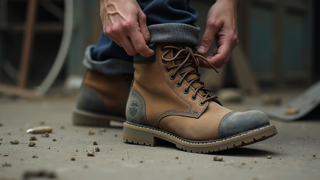 Worker pulling on steel-toed boot with thick work sock on jobsite