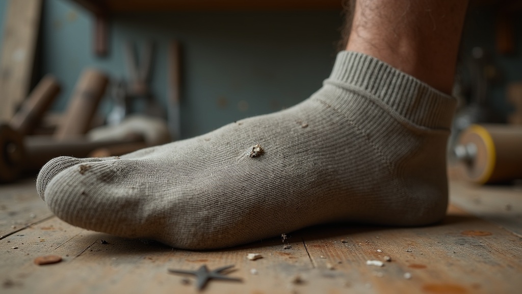 Worn work sock with hole at heel showing need for warranty replacement