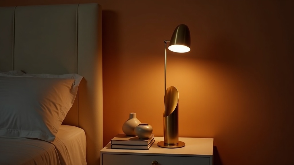 Brushed brass bedside lamp casting warm amber light in a modern glam bedroom
