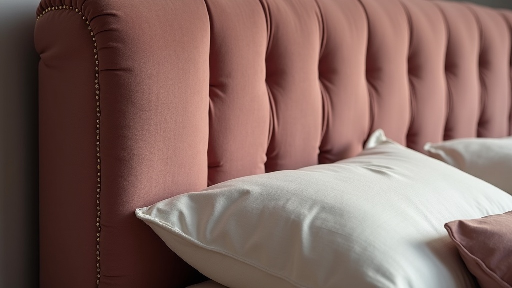 Deep velvet tufted headboard in dusty mauve catching warm bedroom light