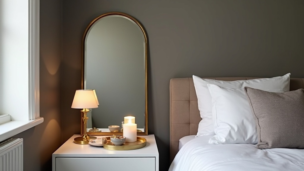 Budget glam bedroom corner with brass lamp, gold-frame mirror, and dark greige wall