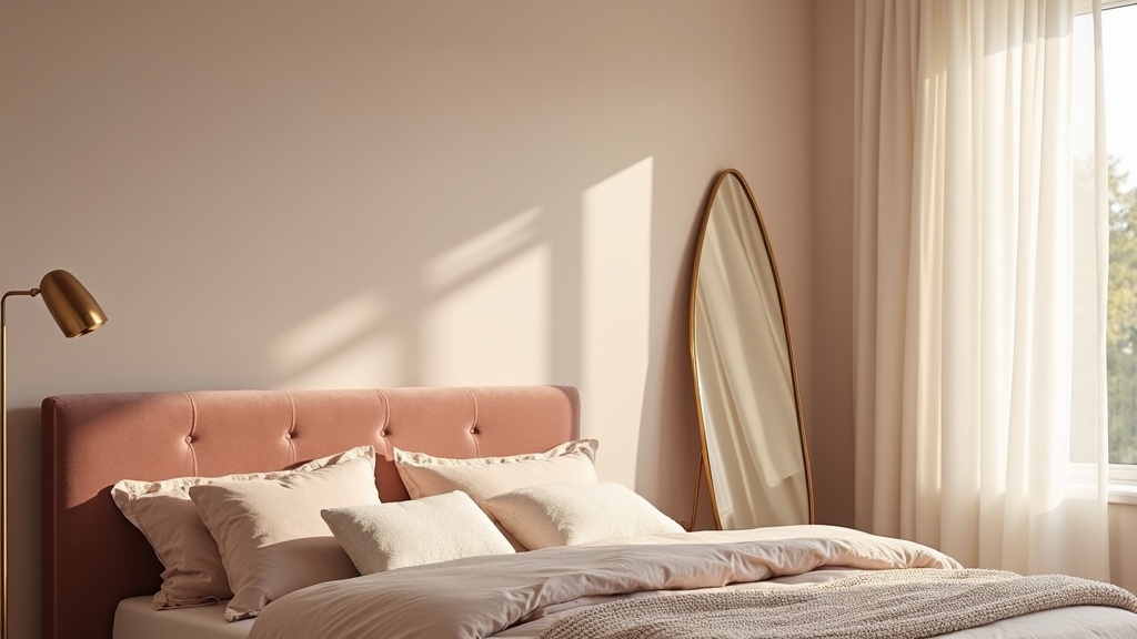 Modern glam bedroom with velvet headboard, brass lamp, and layered soft textures