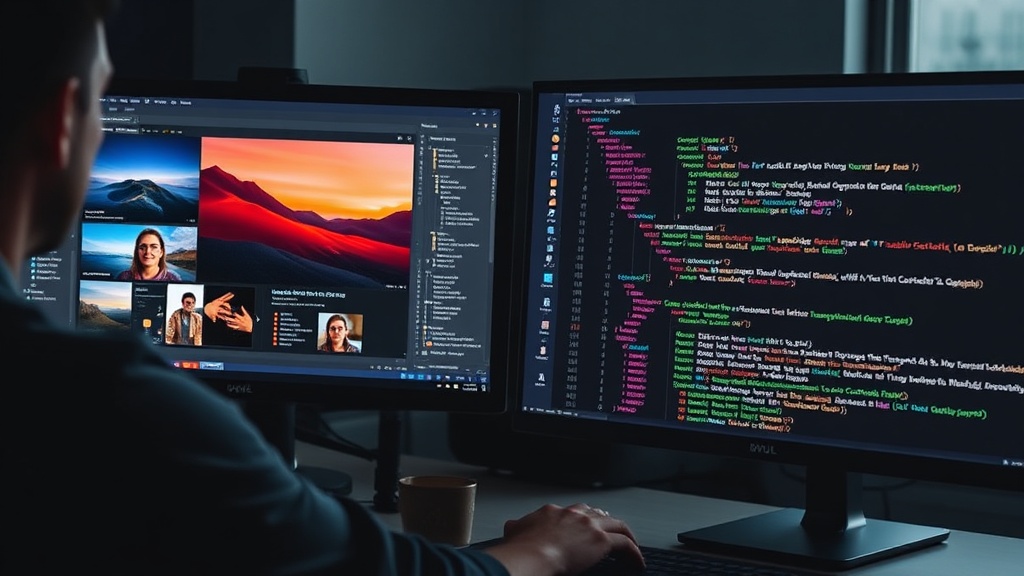 Developer using the tool, showing screenshots on one monitor and generated React Native code on another