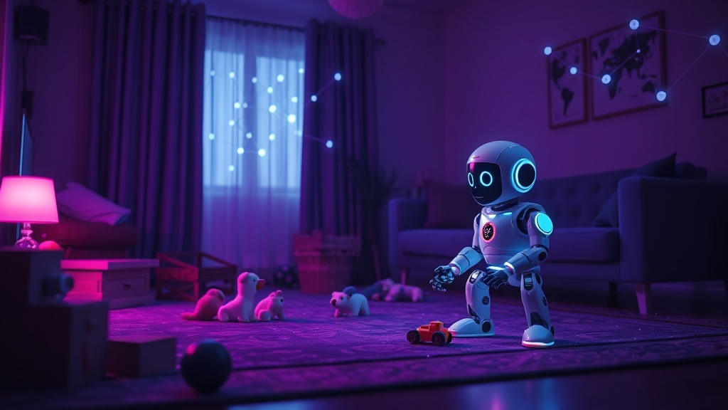A domestic robot navigating a cluttered living room to pick up toys.