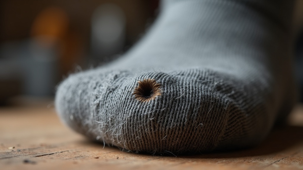 Worn wool work sock with a heel blowout showing frayed fibers