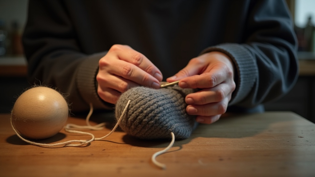Man darning a wool work sock stretched over a darning egg