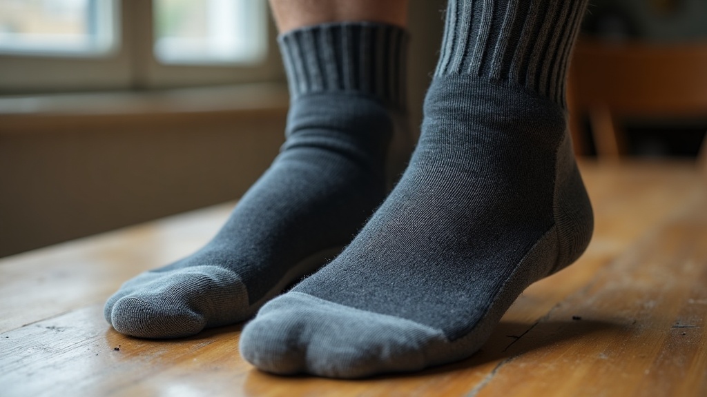 Comparison of a quality wool work sock worth darning versus a worn-out synthetic not worth repairing