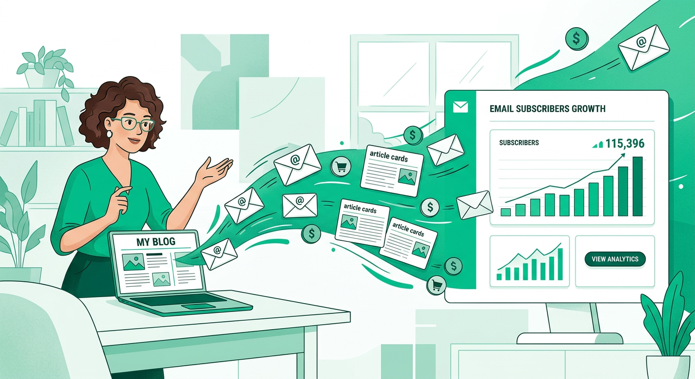 Editorial-style illustration of one creator building an email list from blog readers, with envelopes, article cards, and p...