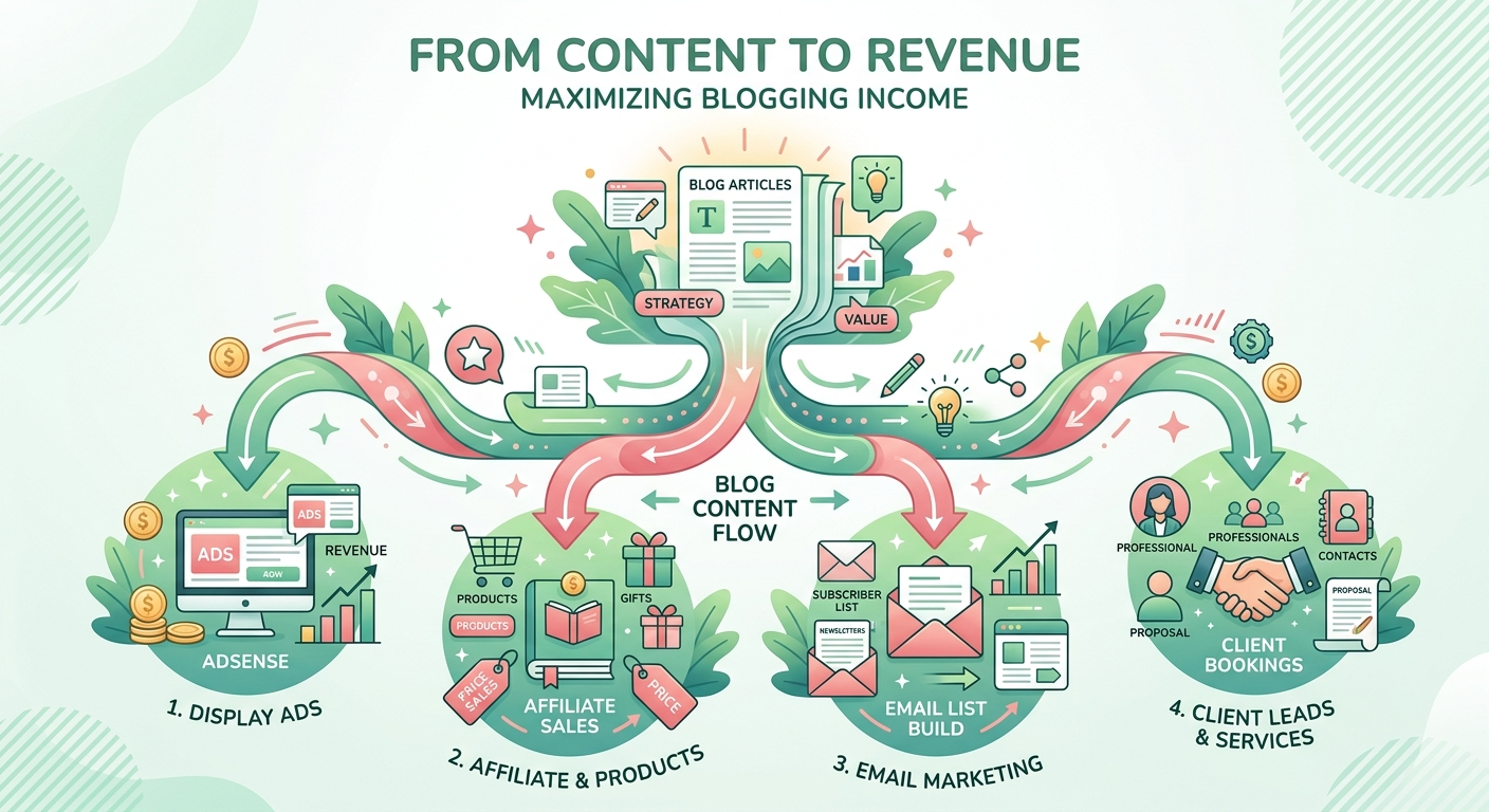 Clean modern illustration of blog articles flowing into multiple revenue streams such as ads, products, email, and client ...