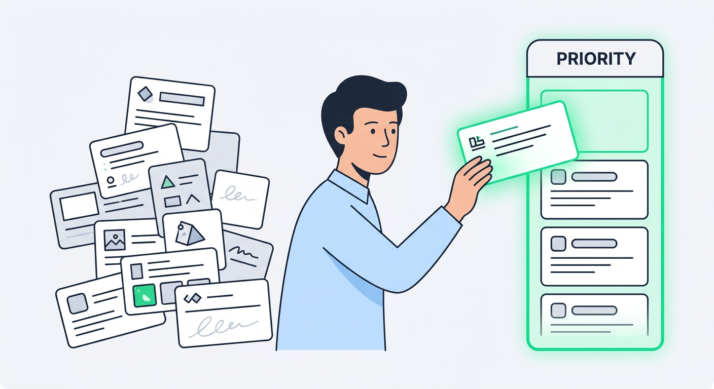 Clean flat vector illustration of one person moving a page card from a messy pile into a highlighted priority column, soli...