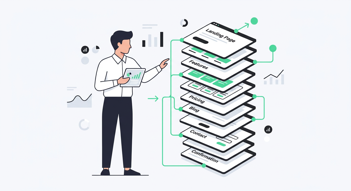 Minimal flat vector illustration of one marketer standing beside stacked website page cards connected by #48CF8E lines, so...
