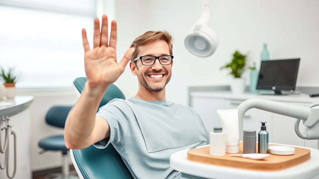 Paciente en sillón dental con mano levantada como señal de control durante tratamiento