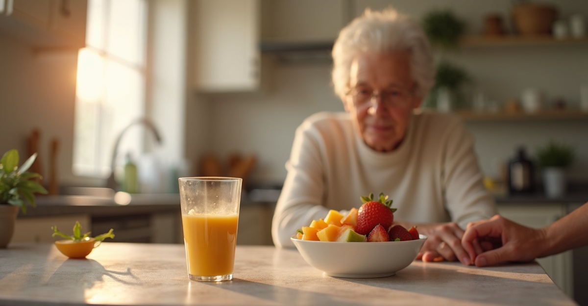 An older adult at a home kitchen table with a nutrition drink and light meal after hospital discharge