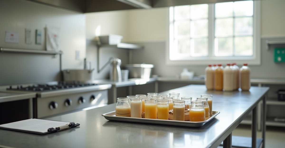 Case of diabetic nutrition shakes on a retirement-home kitchen counter ready for meal service