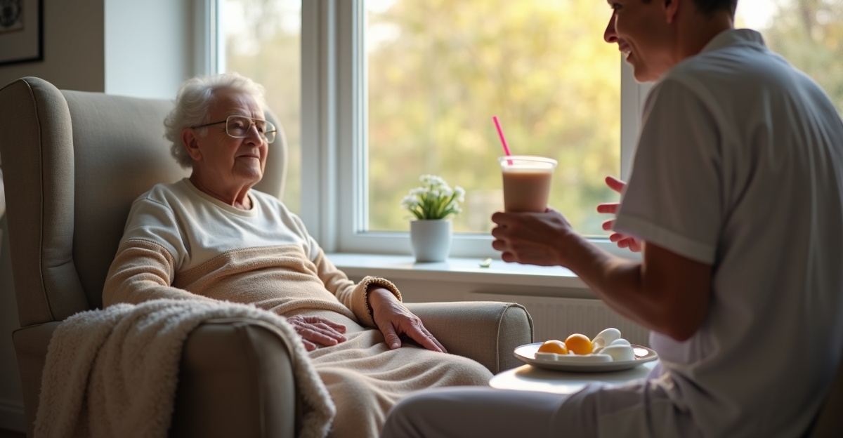A senior recovering at home with a high-protein nutrition shake and protein-rich snack on a side table