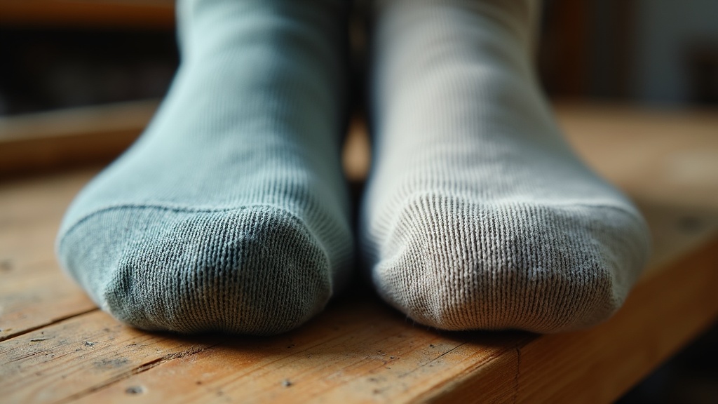 Side-by-side comparison of a worn-out imported sock heel versus a reinforced USA-made work sock heel
