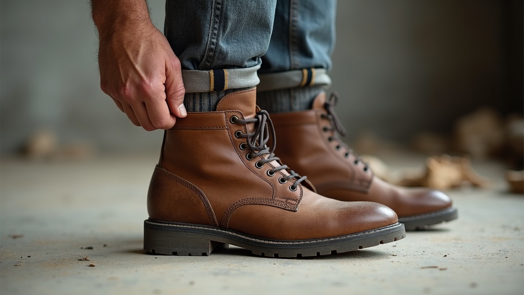 Worker pulling on a thick USA-made work sock before a long shift on the jobsite