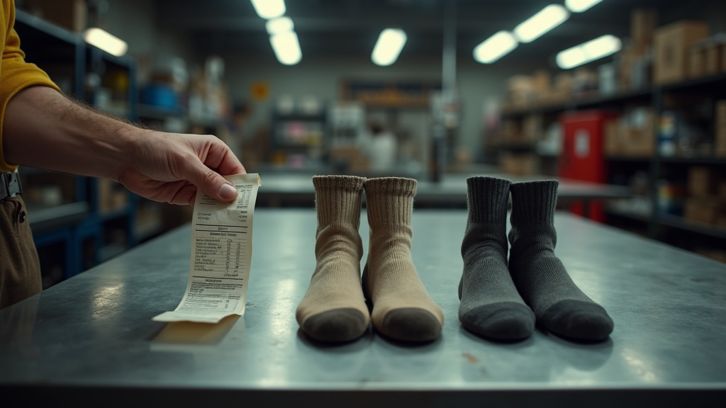 Comparing the long-term value of USA-made versus imported work socks on a shop counter