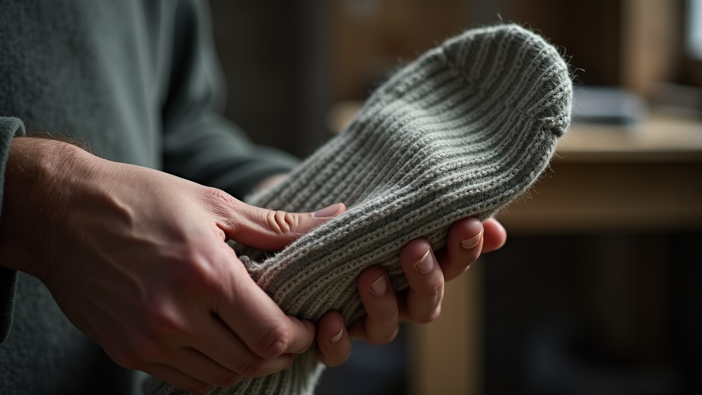 Reading the fiber content label on a USA-made merino wool work sock