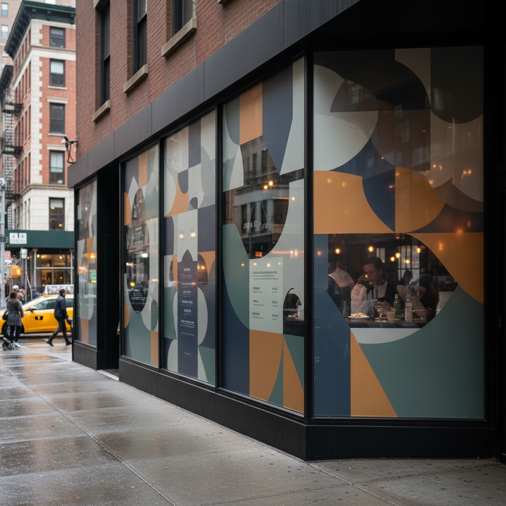 Restaurant storefront with perforated window graphics in New York