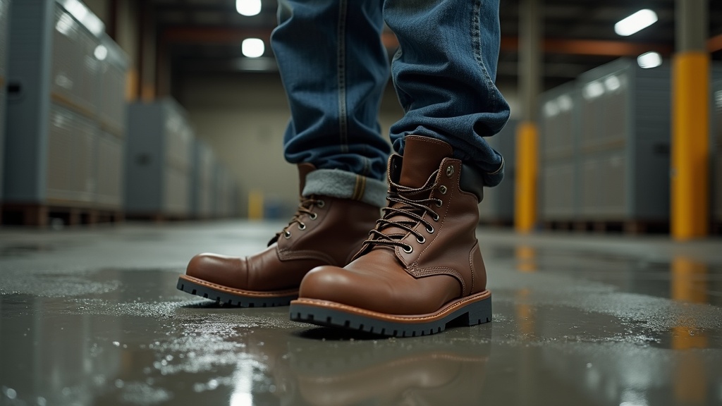 Worker standing on wet concrete in work boots with wool socks visible