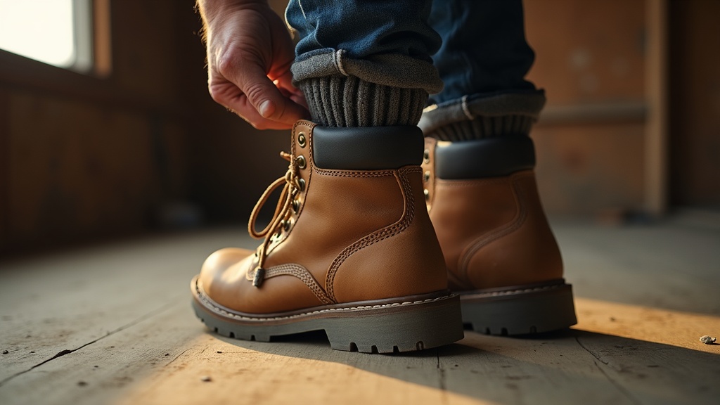 Worker pulling on a wool sock before a cold day on the jobsite